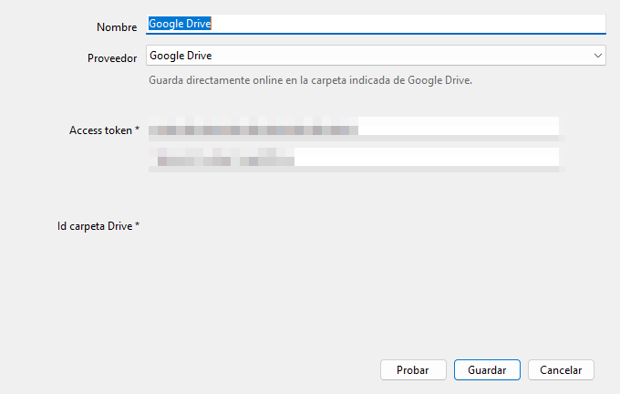 RepoSaver Google Drive provider settings with sensitive values blurred.