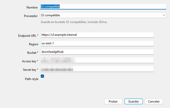 RepoSaver S3-compatible provider settings with sensitive values blurred.