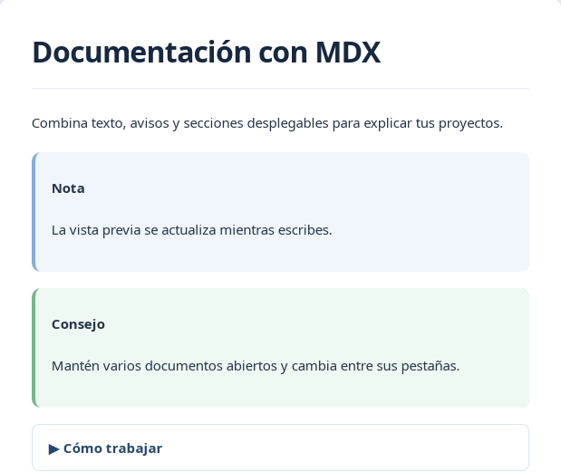 Captura parcial real del documento: título, nota, consejo y sección desplegable.