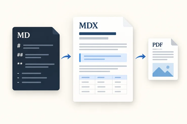 Ilustración conceptual de archivos Markdown, un documento MDX y una copia PDF.
